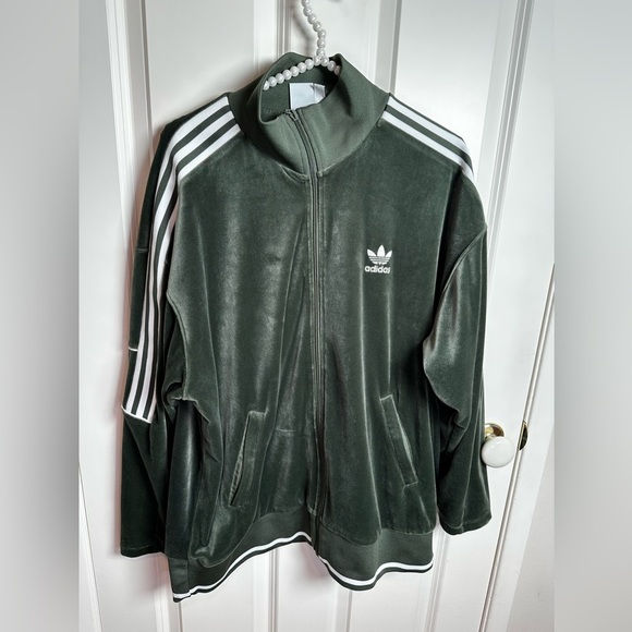 adidas Jackets & Blazers - Adidas Dark Green Velour Jacket with White Stripes